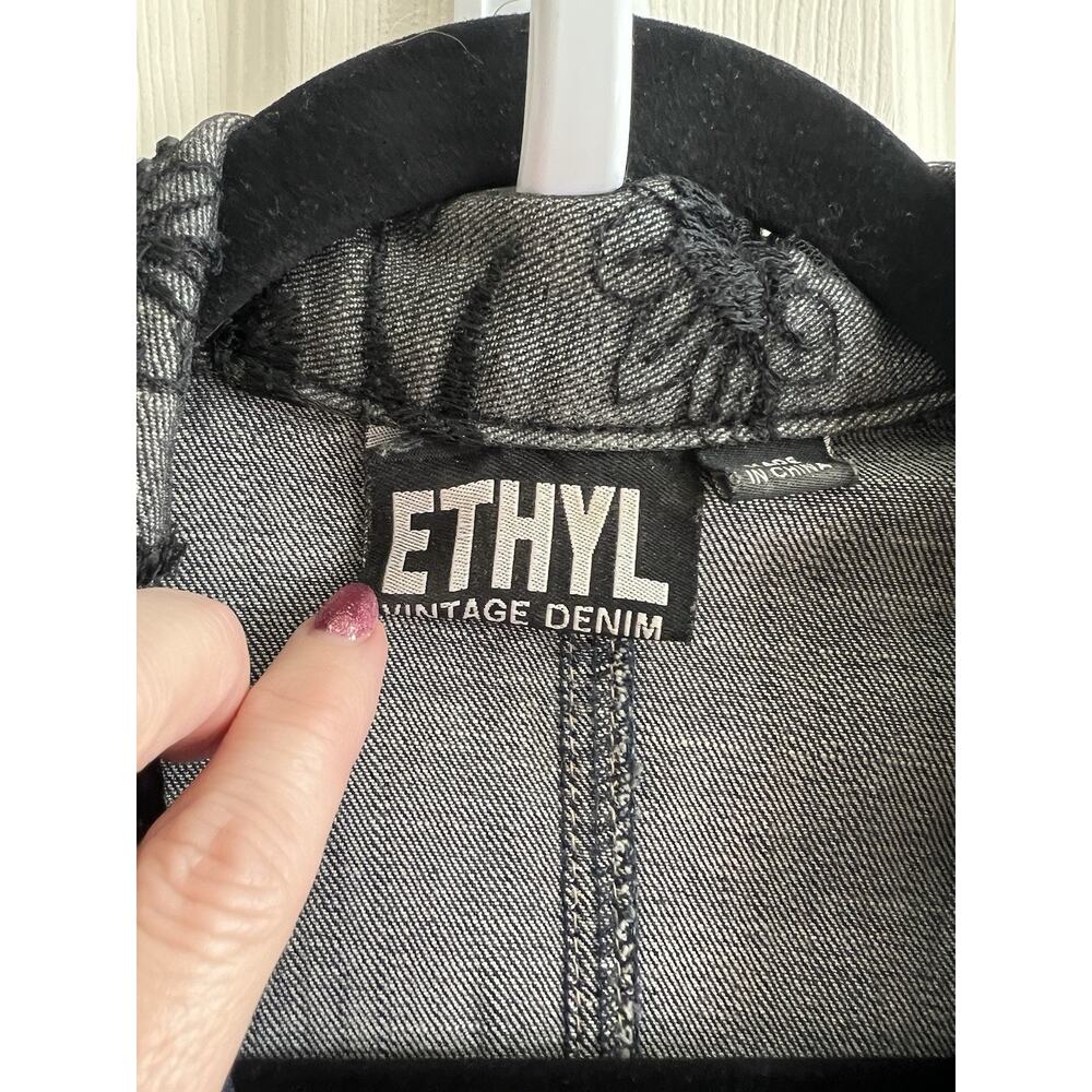 ETHYL Vintage Y2K Blk Net Embroidered Rhinestone Fitted Denim Jean Jacket Sz M - Picture 8 of 12